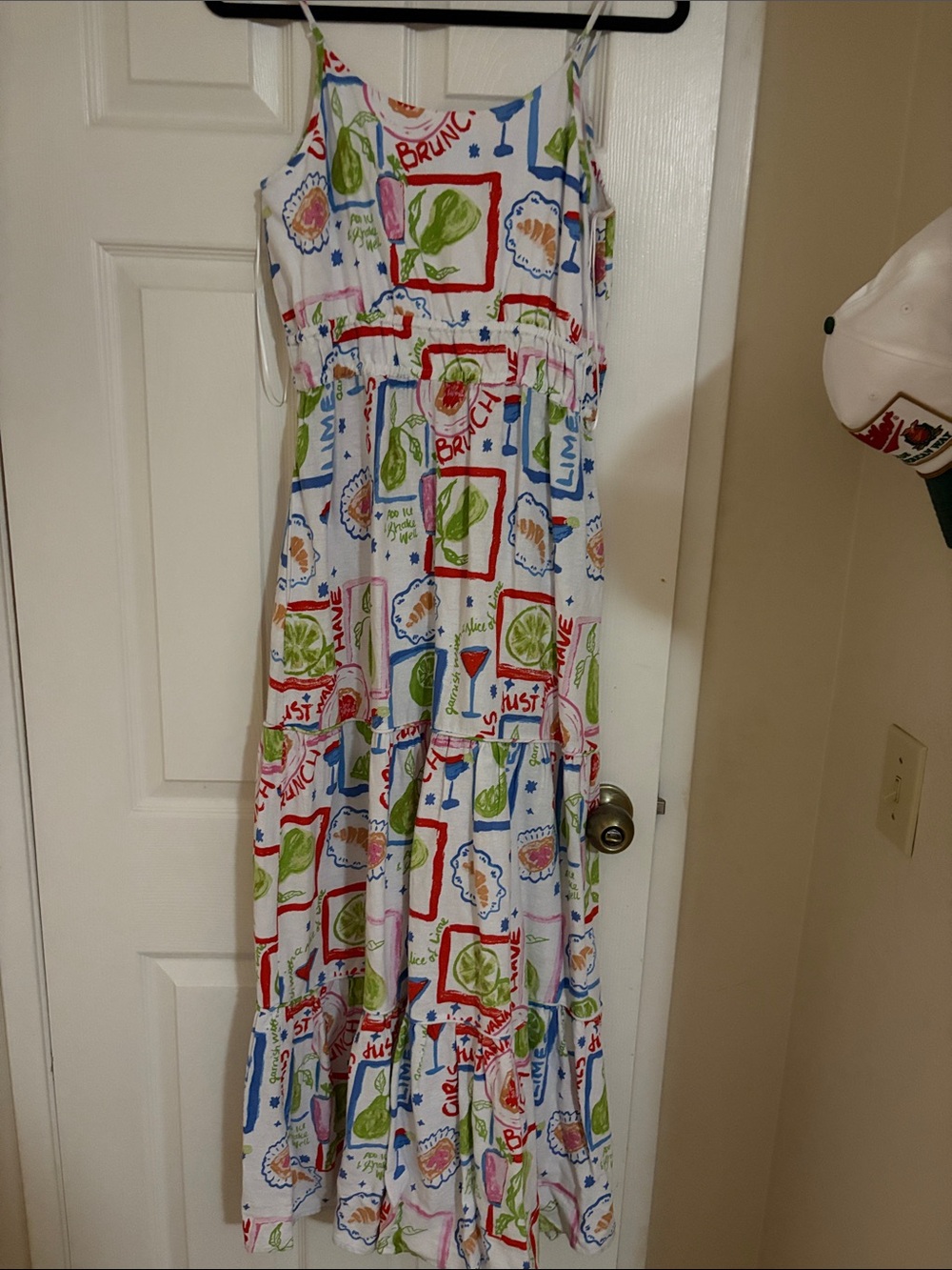 White Maxi Sundress with Colorful Fruit & Cocktail Print NWOT